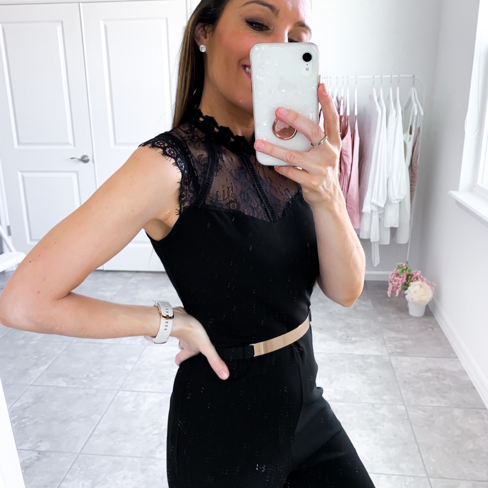 Black Sleeveless Contrast Lace Cocktail Jumpsuit - Picture 9 of 13